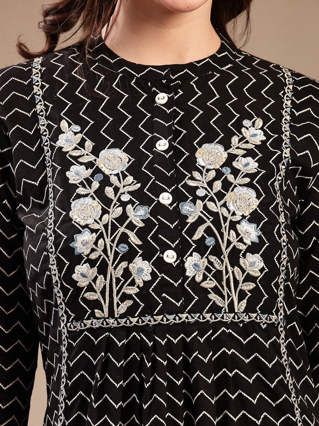 Black Self Designed &amp; Embroidered Cotton A-Line Kurta