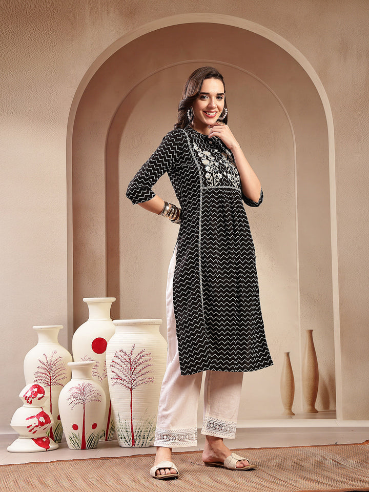 Black Self Designed &amp; Embroidered Cotton A-Line Kurta