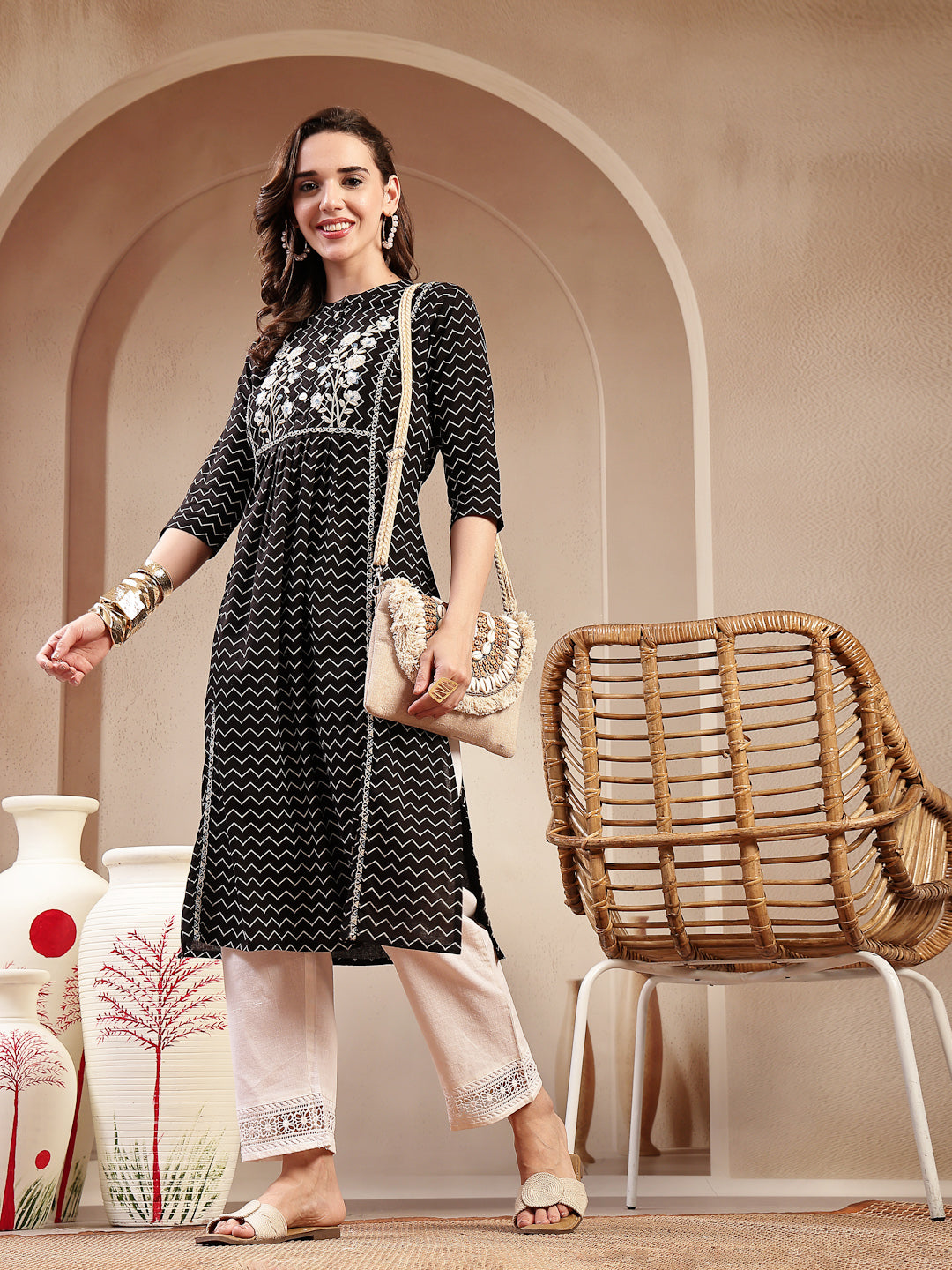 Black Self Designed &amp; Embroidered Cotton A-Line Kurta