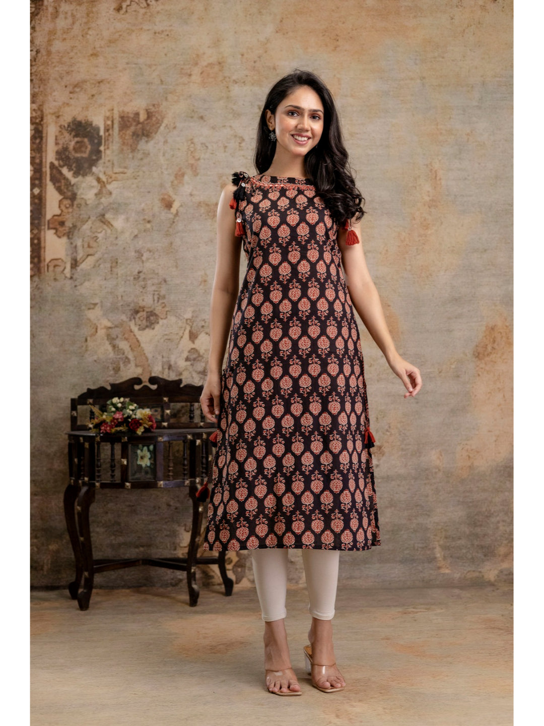 Black Printed Cotton Straight Kurta