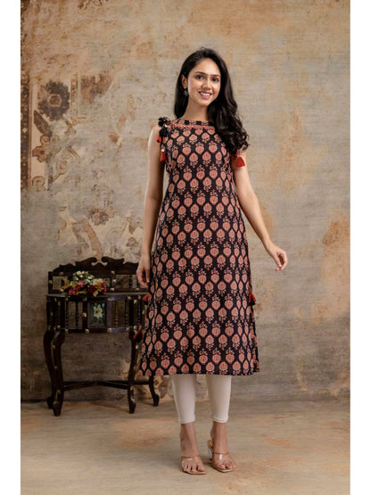 Black Printed Cotton Straight Kurta