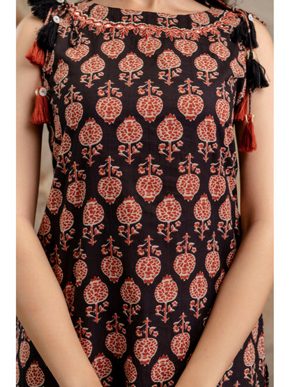 Black Printed Cotton Straight Kurta
