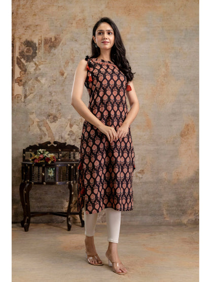 Black Printed Cotton Straight Kurta