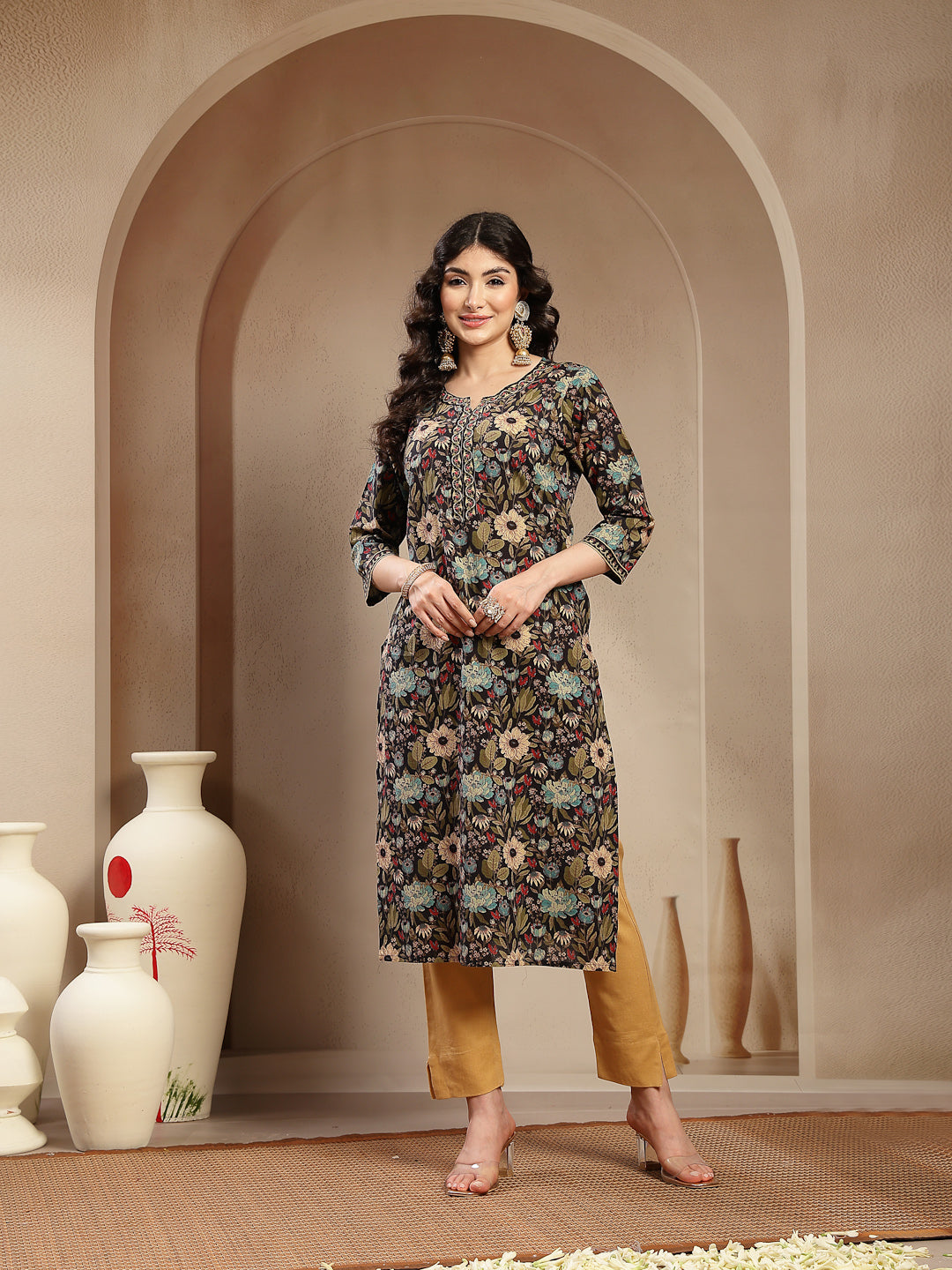 Black Floral Printed Cotton Straight Kurta