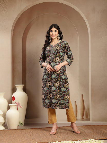 Black Floral Printed Cotton Straight Kurta