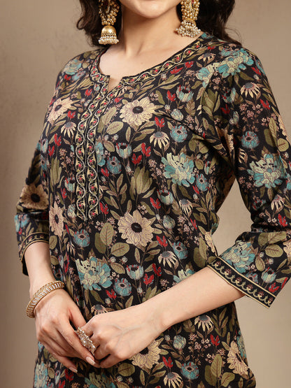 Black Floral Printed Cotton Straight Kurta