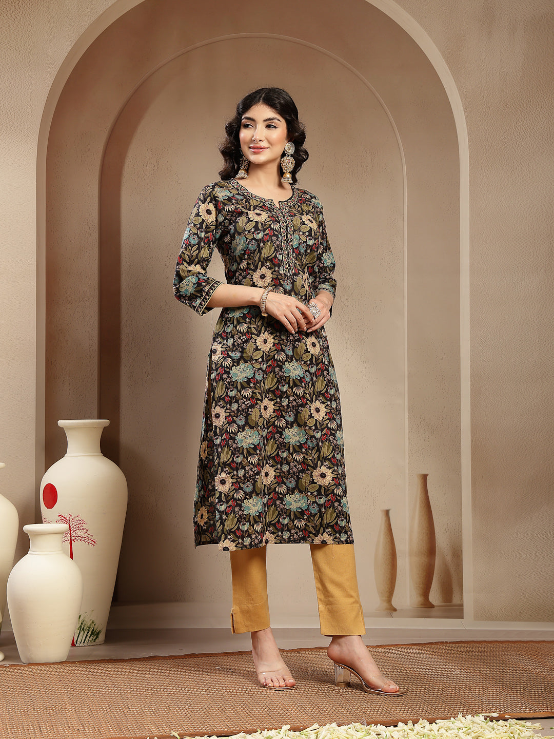 Black Floral Printed Cotton Straight Kurta