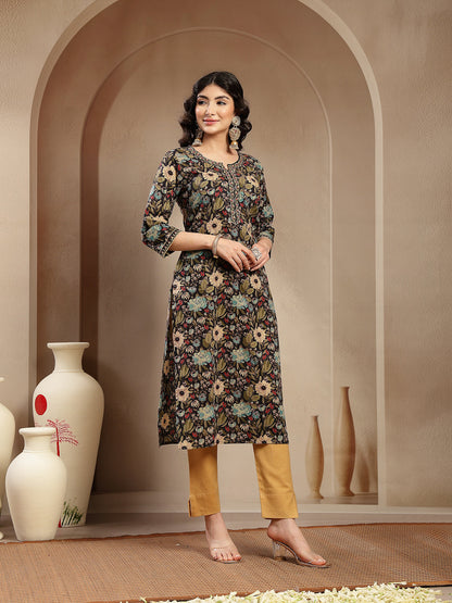 Black Floral Printed Cotton Straight Kurta