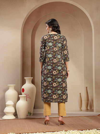 Black Floral Printed Cotton Straight Kurta (Pre-Order)