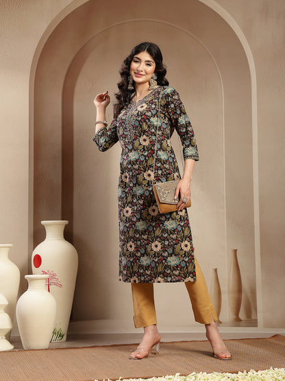 Black Floral Printed Cotton Straight Kurta
