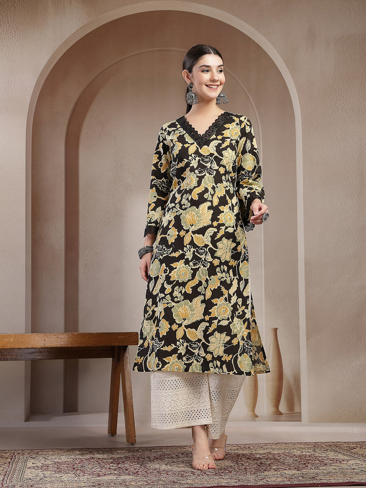 Floral Printed Cotton Straight Kurta