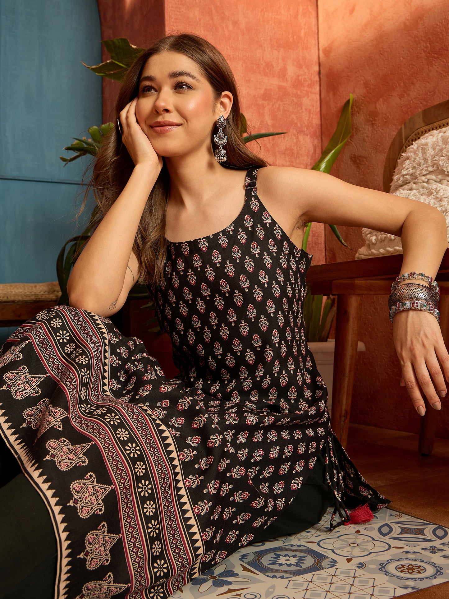Ethnic Motif Printed Rayon Straight Kurta