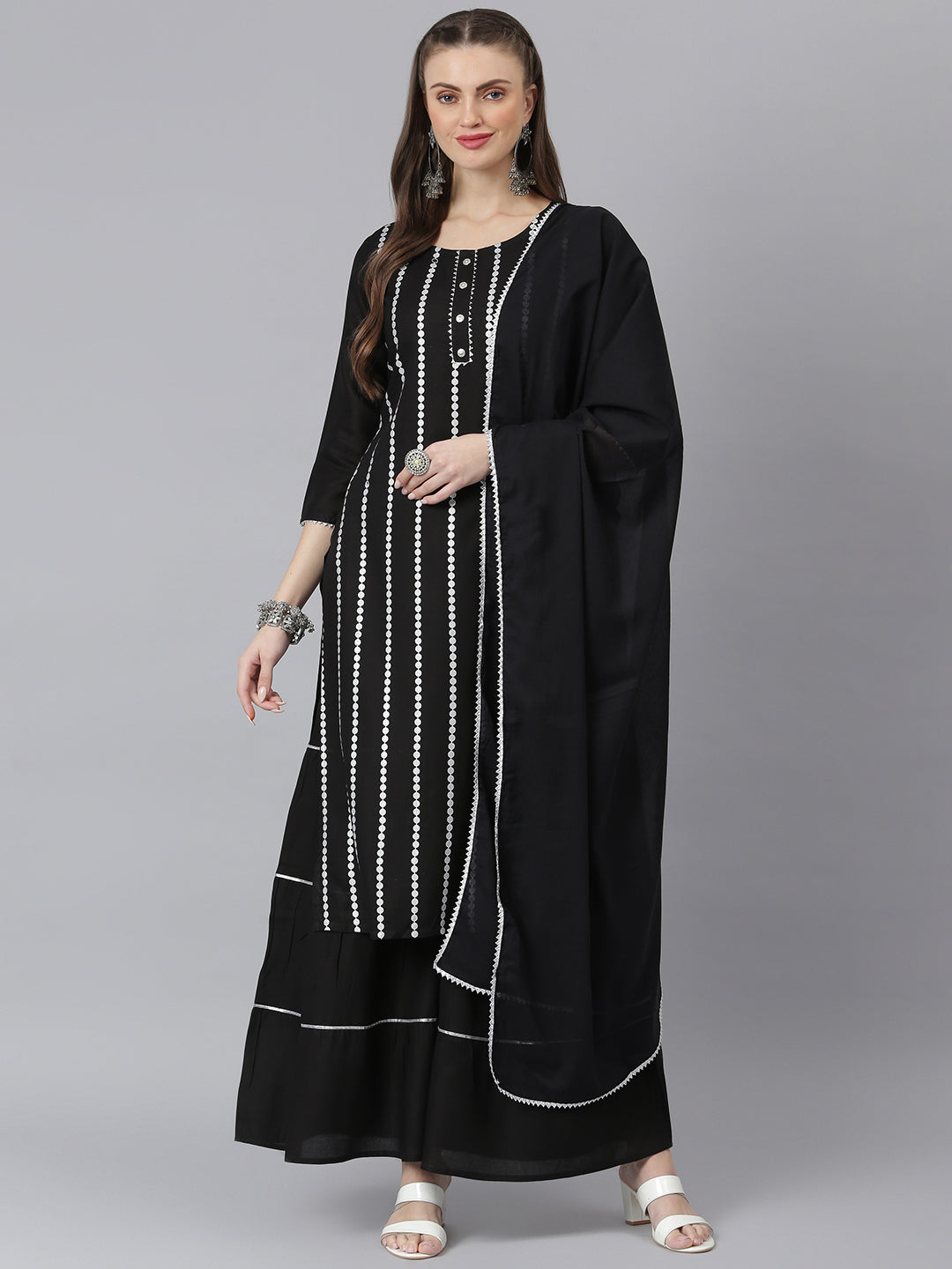 Women Printed Rayon Straight Kurta Sharara Dupatta Set (Pre-Order)