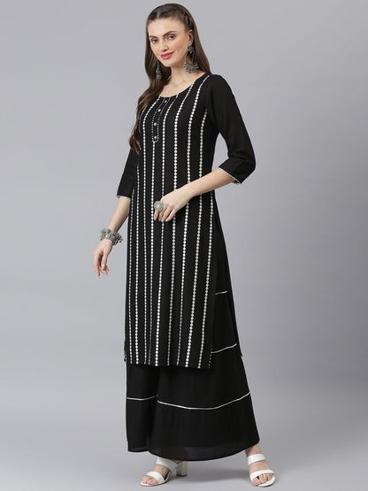 Women Printed Rayon Straight Kurta Sharara Dupatta Set (Pre-Order)