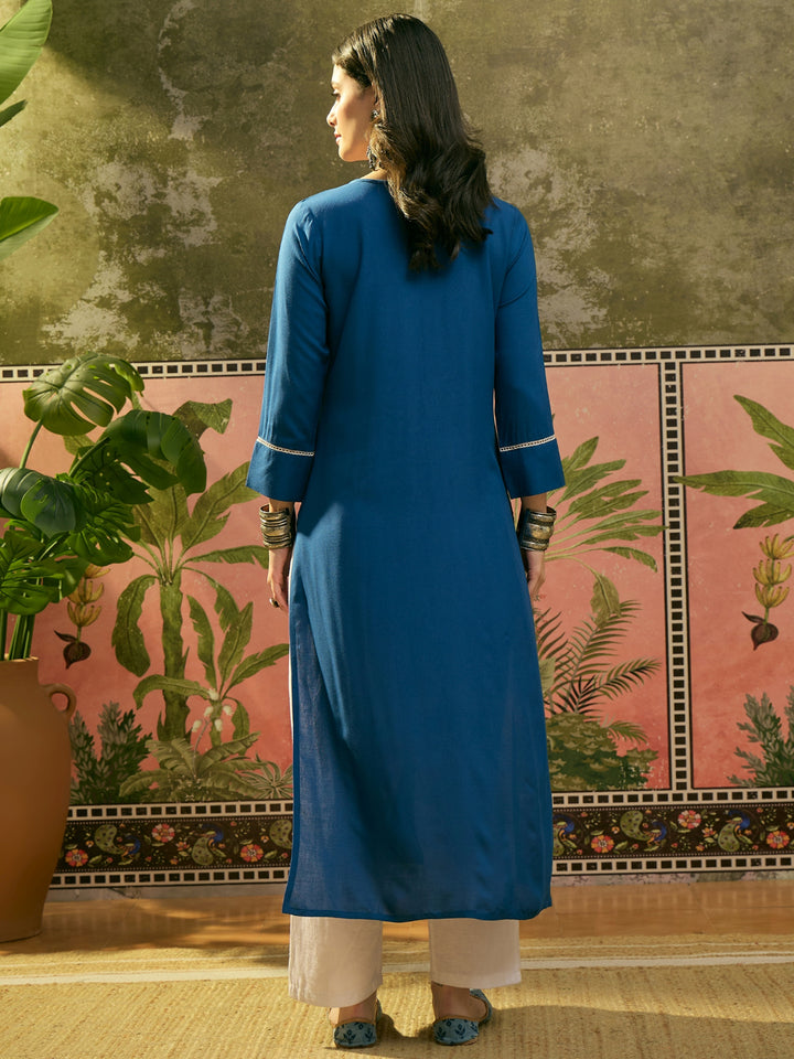 Solid &amp; Embroidered Rayon Straight Kurta