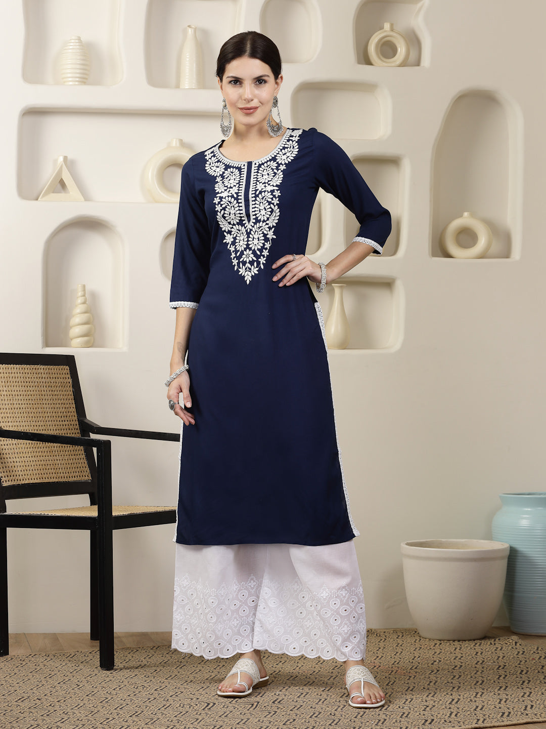 Navy Solid &amp; Embroidered Rayon Straight Chicken Kurta