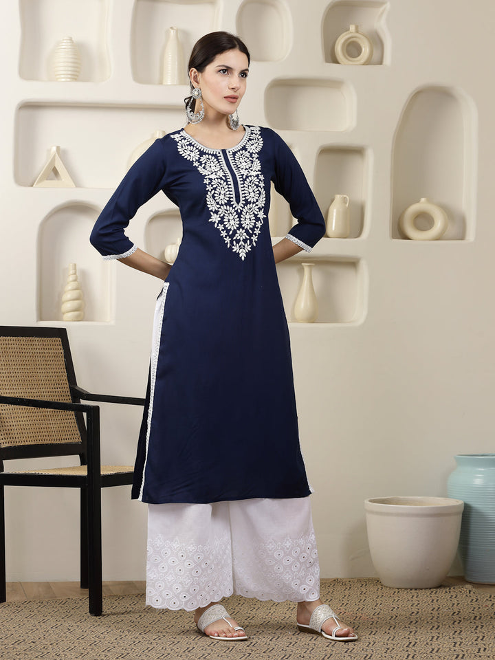 Navy Solid &amp; Embroidered Rayon Straight Chicken Kurta