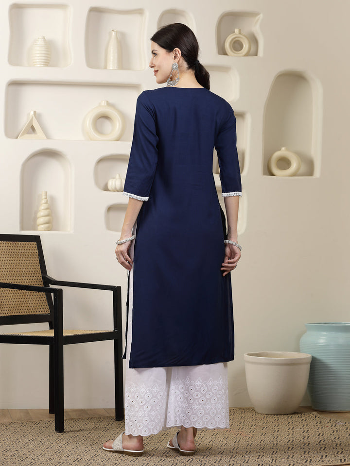Navy Solid &amp; Embroidered Rayon Straight Chicken Kurta