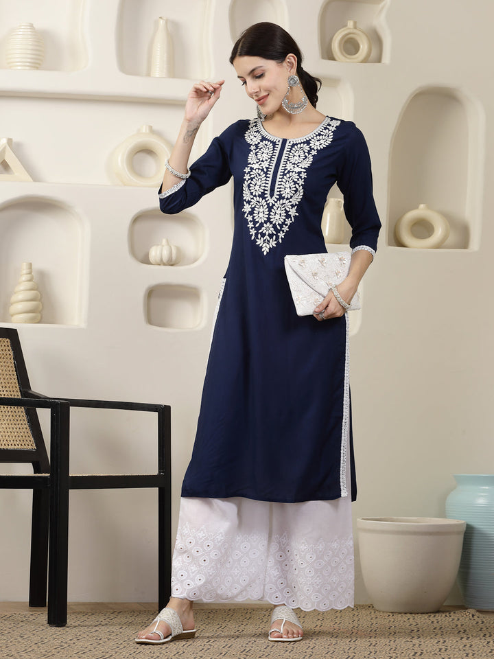 Navy Solid &amp; Embroidered Rayon Straight Chicken Kurta