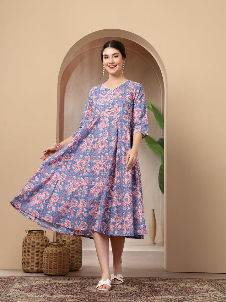 Floral Printed Cotton Flared Dress