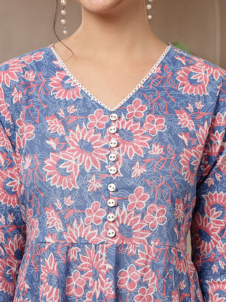 Floral Printed Cotton Flared Dress