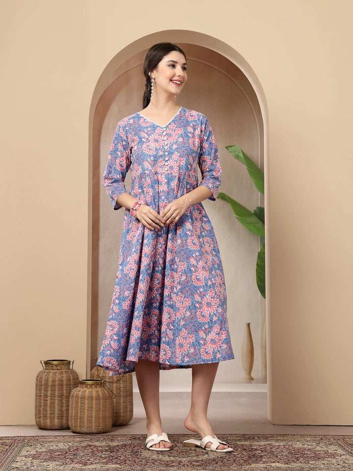 Floral Printed Cotton Flared Dress