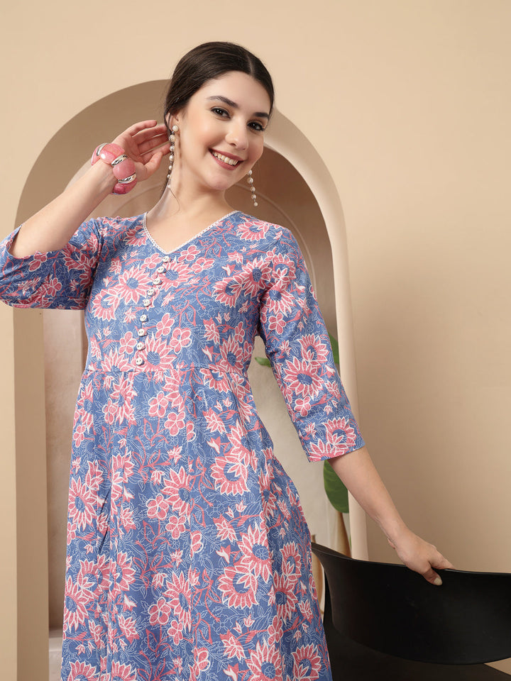 Floral Printed Cotton Flared Dress