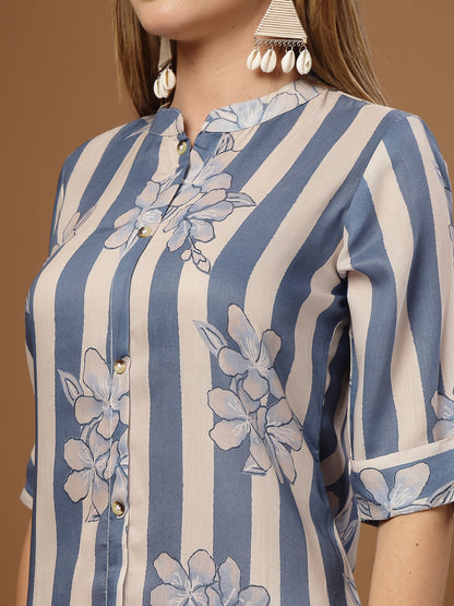 Floral & Striped Printed Poly Rayon A-Line Kurta
