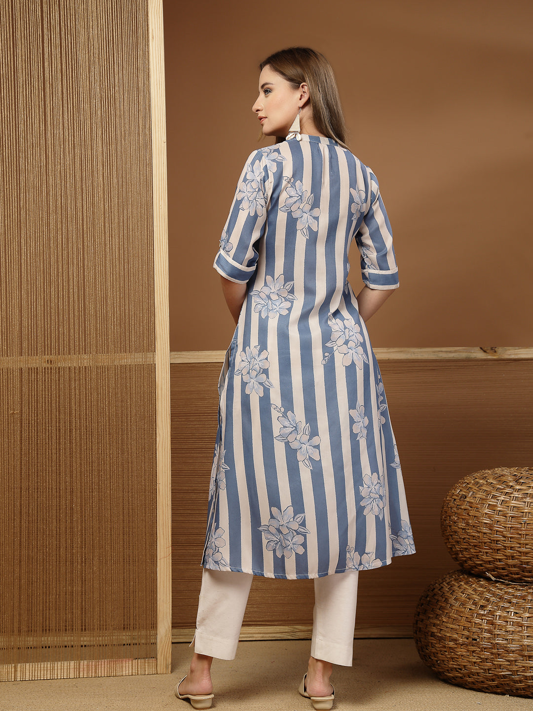 Floral & Striped Printed Poly Rayon A-Line Kurta