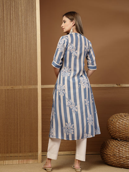 Floral & Striped Printed Poly Rayon A-Line Kurta
