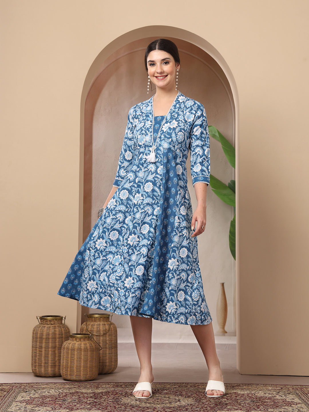 Floral Printed Cotton Flared Kurta