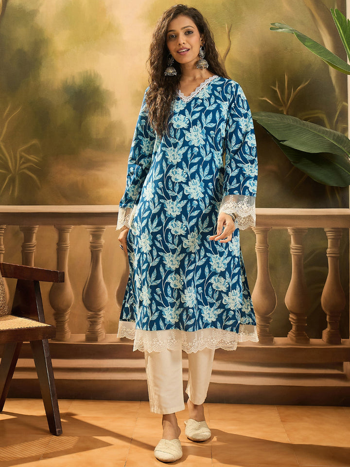 Floral Printed Cotton Straight Kurta