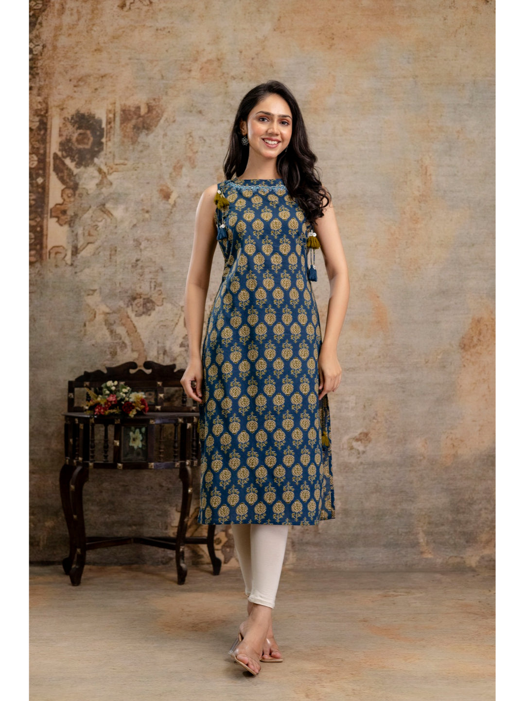 Blue Printed Cotton Straight Kurta