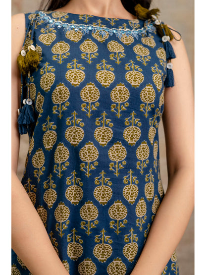 Blue Printed Cotton Straight Kurta
