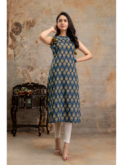 Blue Printed Cotton Straight Kurta