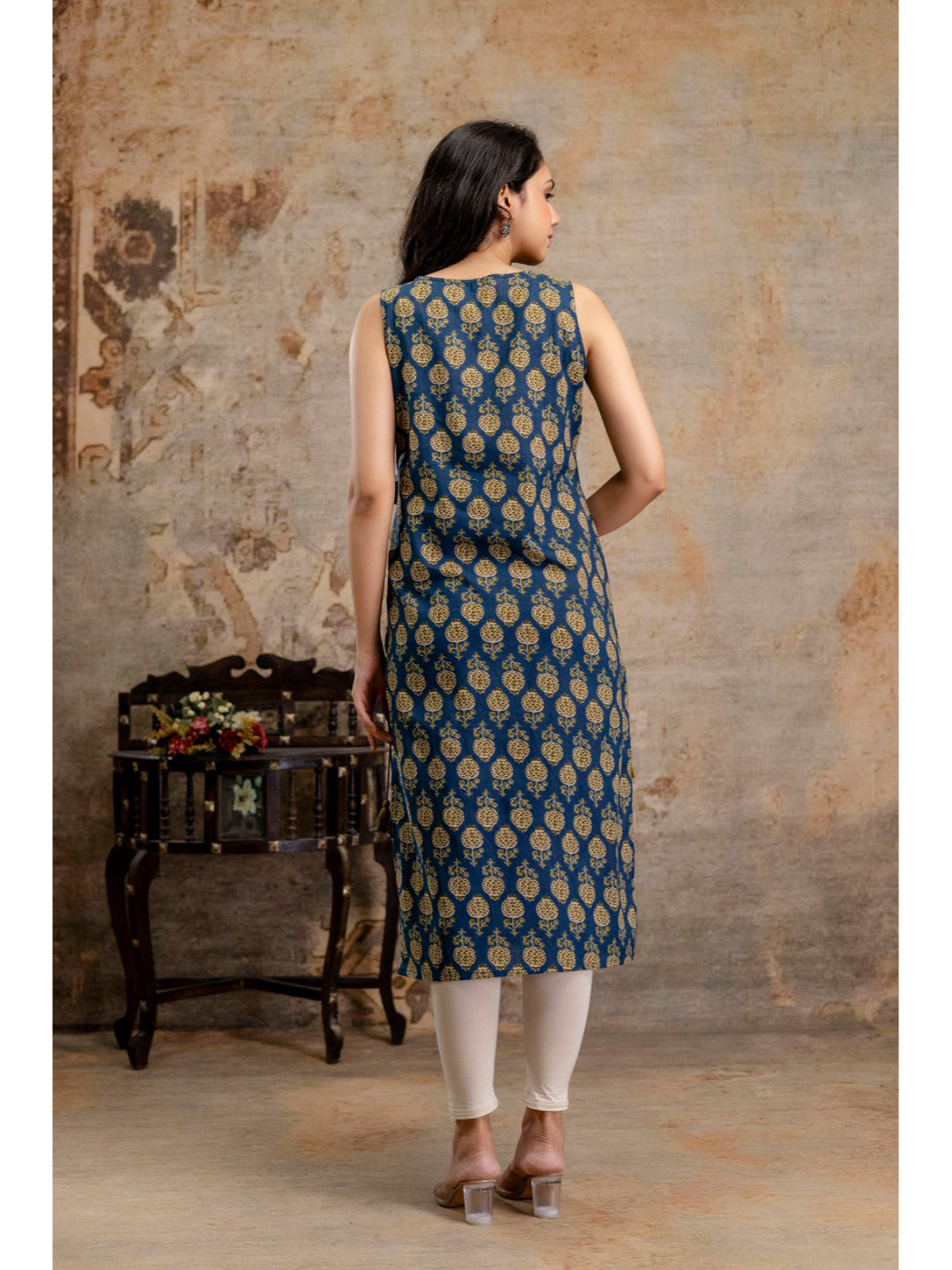 Blue Printed Cotton Straight Kurta
