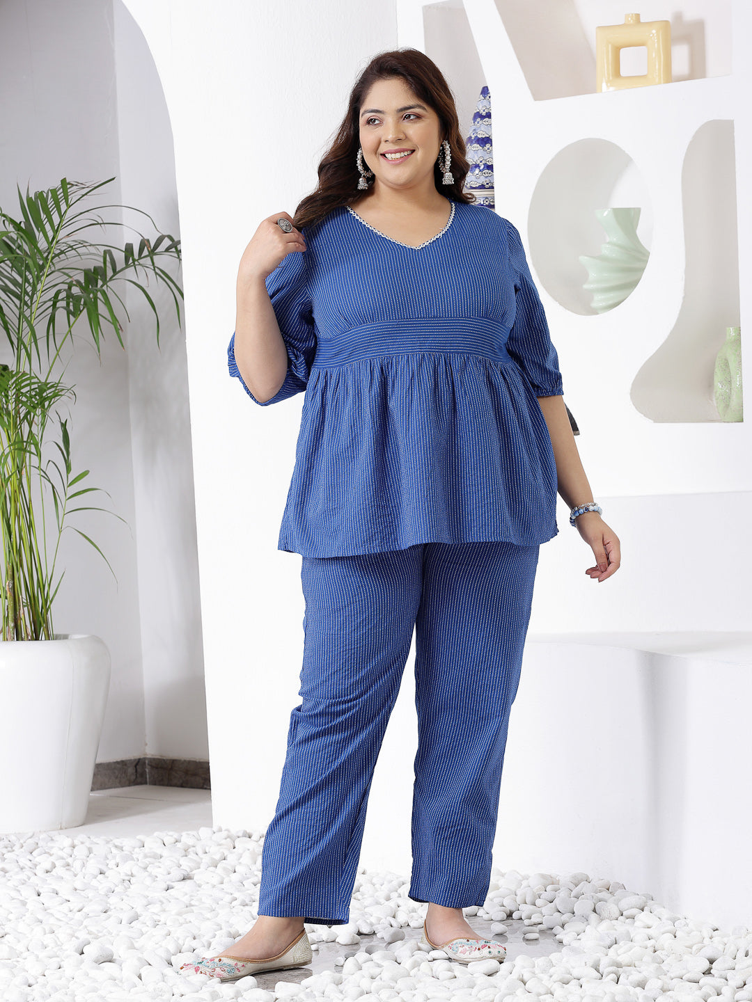 Plus Size Self Woven Kantha Cotton Co-Ord Set