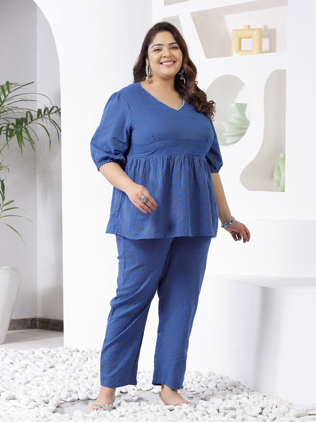 Plus Size Self Woven Kantha Cotton Co-Ord Set