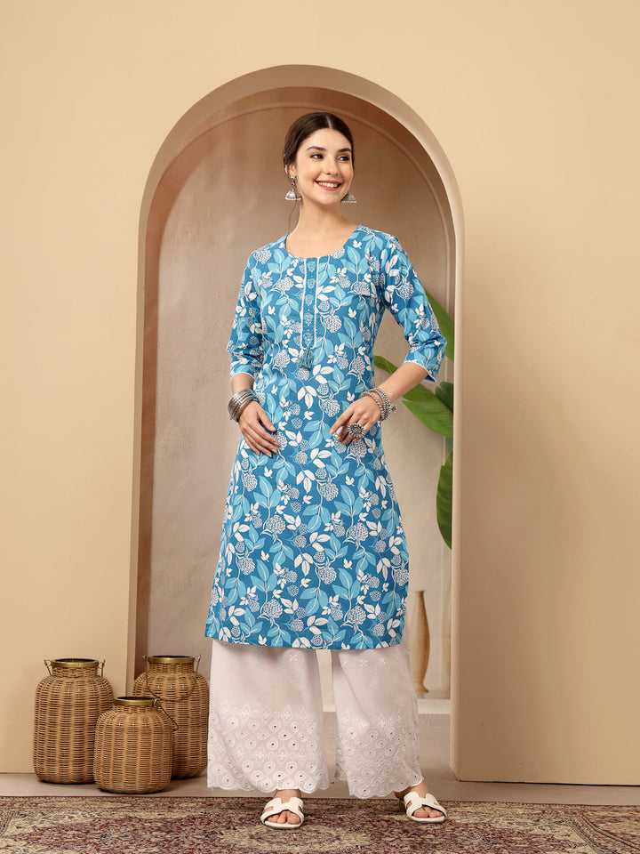 Floral Printed Cotton Straight Kurta