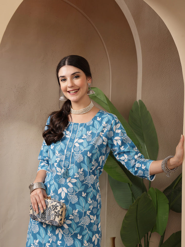 Floral Printed Cotton Straight Kurta
