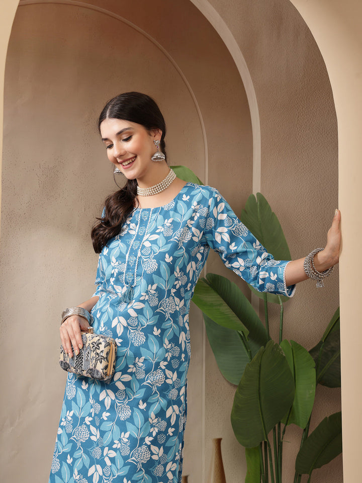 Floral Printed Cotton Straight Kurta