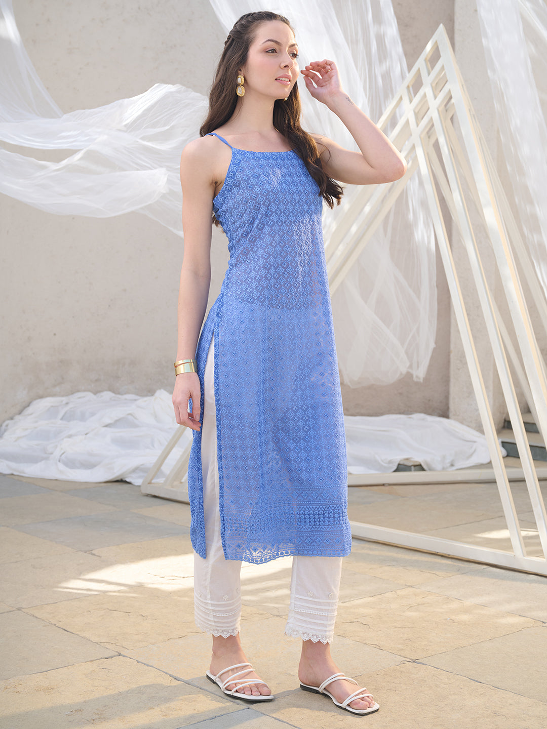 Blue Chikankari Georgette Straight Kurta