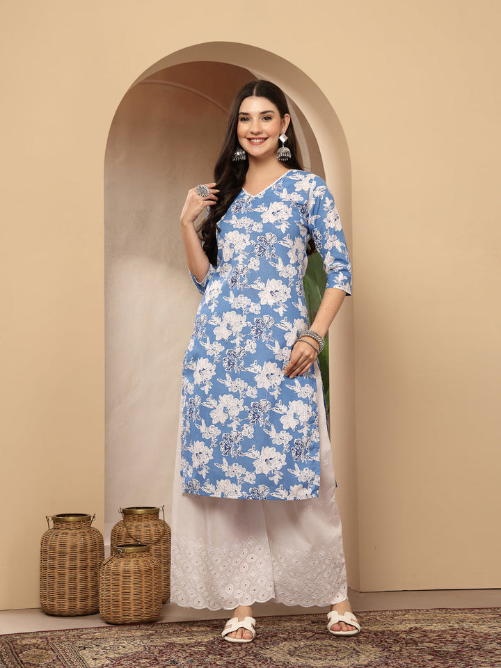 Floral Printed Cotton Straight Kurta