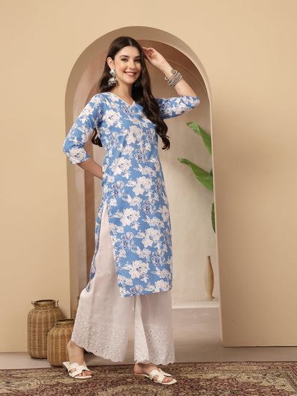 Floral Printed Cotton Straight Kurta