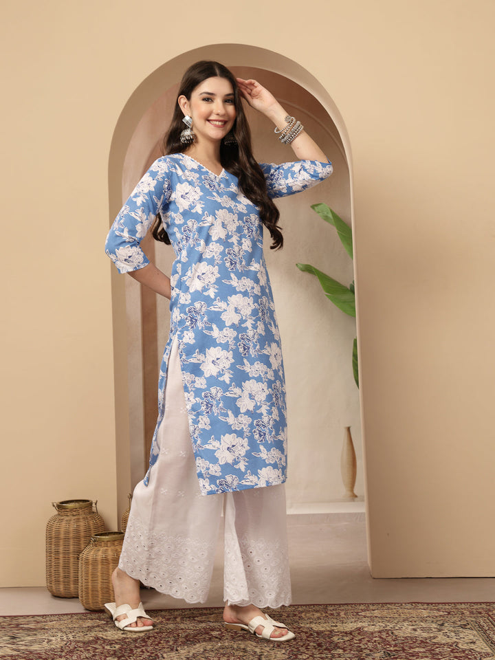 Floral Printed Cotton Straight Kurta
