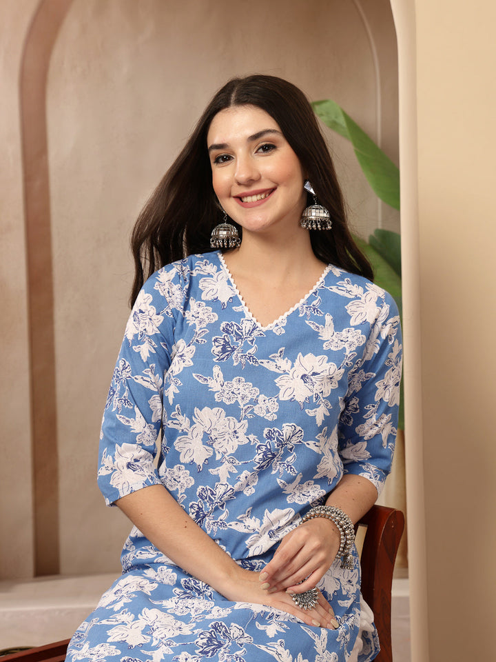 Floral Printed Cotton Straight Kurta
