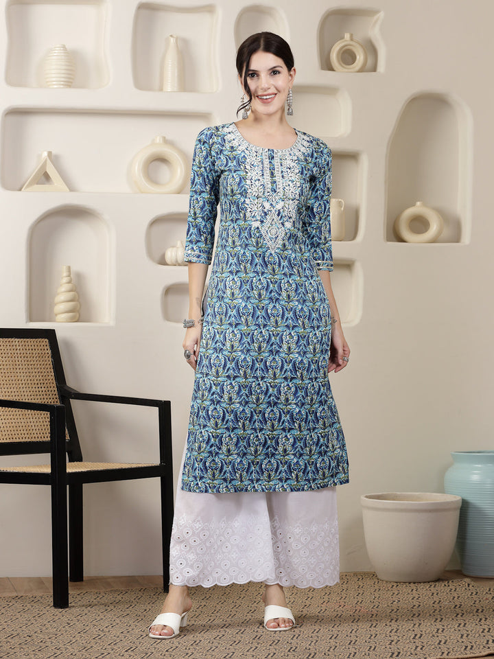 Blue Printed &amp; Embroidered Rayon Straight Chicken Kurta