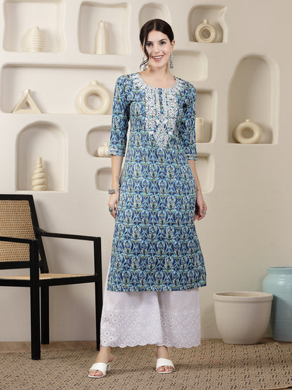 Blue Printed & Embroidered Rayon Straight Chicken Kurta (Pre-Order)