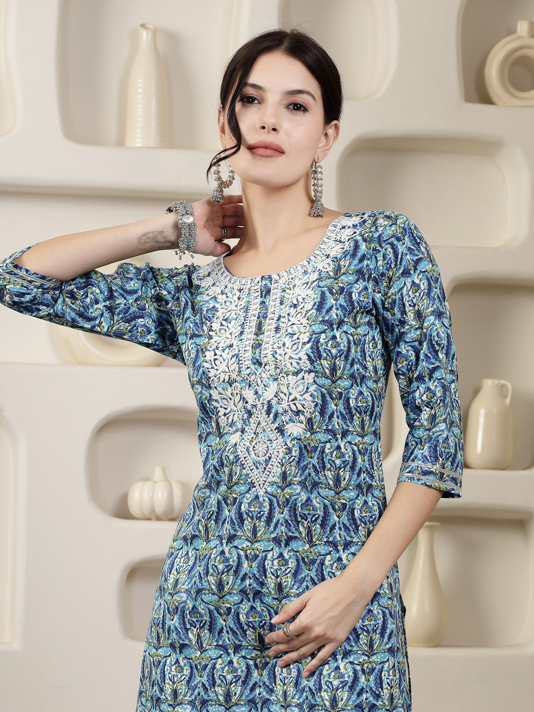 Blue Printed &amp; Embroidered Rayon Straight Chicken Kurta