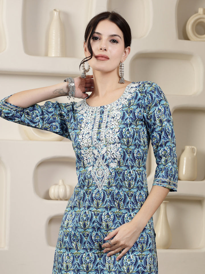 Blue Printed &amp; Embroidered Rayon Straight Chicken Kurta